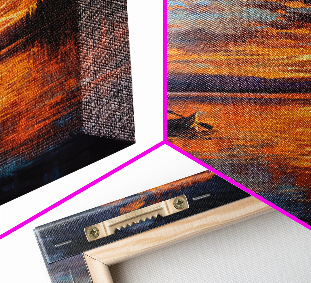 Canoe On Fiery Lake Sunset Framed Canvas Print, Impressionist Landscape Wall Art For Cozy Living Room Or Cabin Home Decor