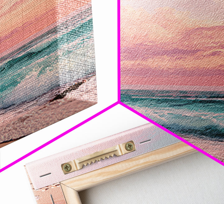 Pink Ocean Waves At Sunset Canvas Print, Pastel Coastal Wall Art, Beach House Decor, Large Living Room Wall Decor, Serene Seascape