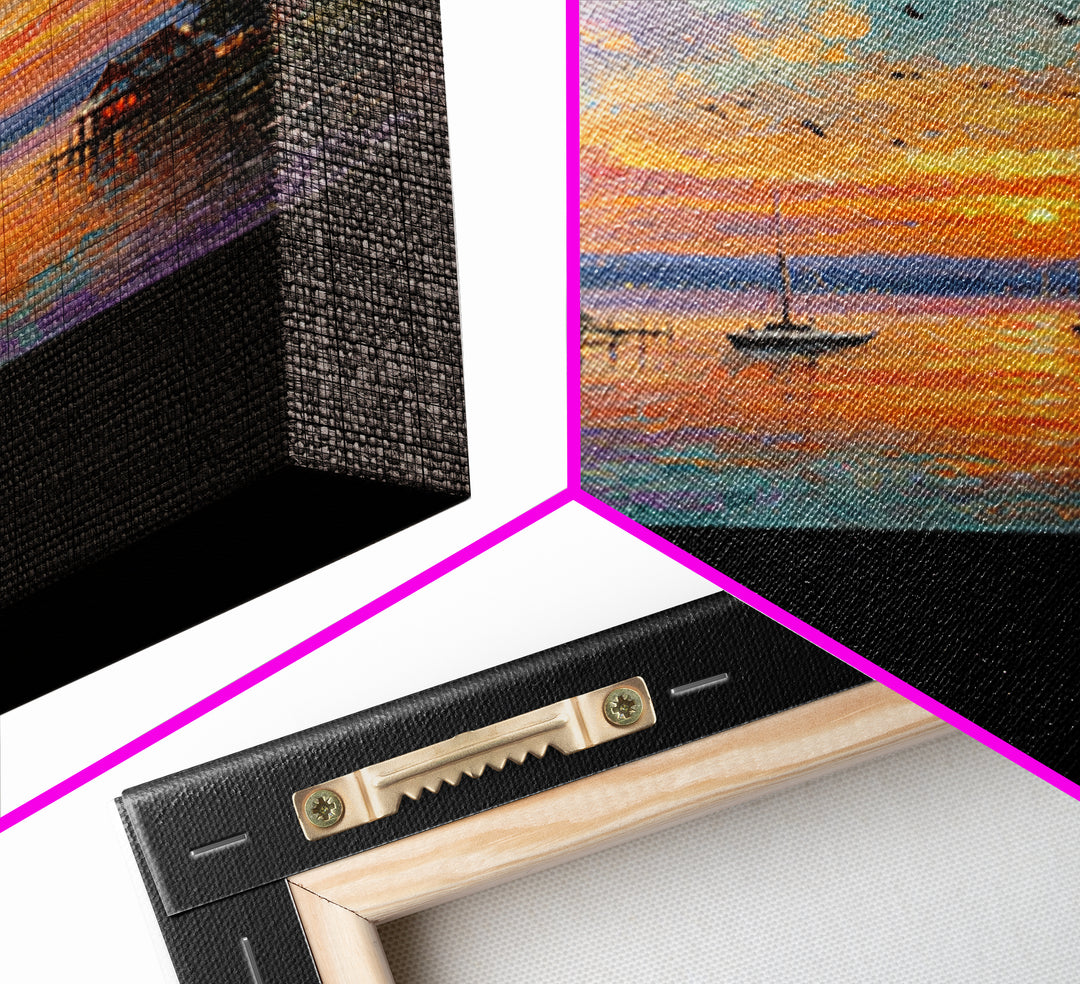 Sunset Lake Houses Palette Knife Painting Panoramic Wall Art Large Horizontal Canvas Print Coastal Wall Decor