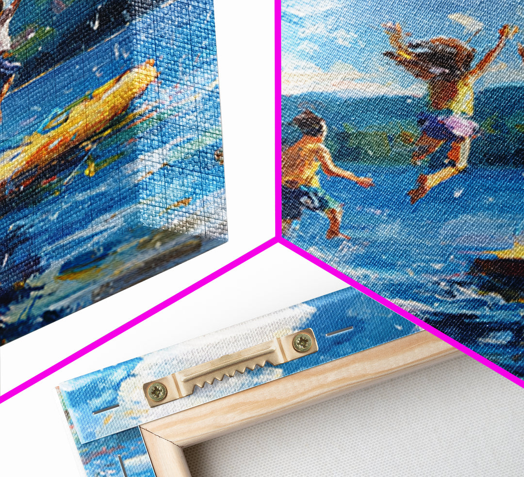 Kids Jumping Off Dock Lake Day Wall Art, Colorful Impressionist Summer Canvas Print, Playful Lake House Painting For Family Room Or Nursery