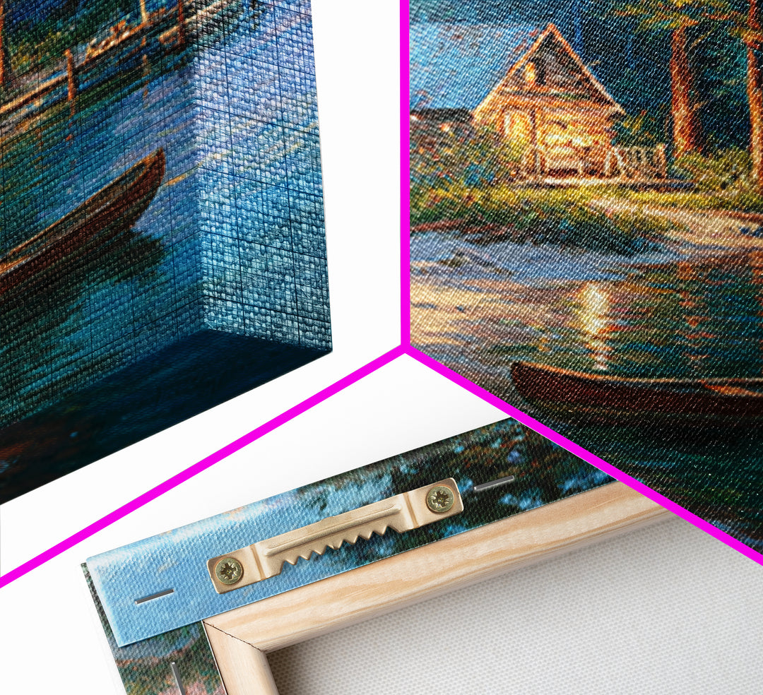 Cozy Lakeside Cabin At Dusk Landscape Wall Art Print, Rustic Lake House Home Decor, Nature Painting Living Room Wall Art