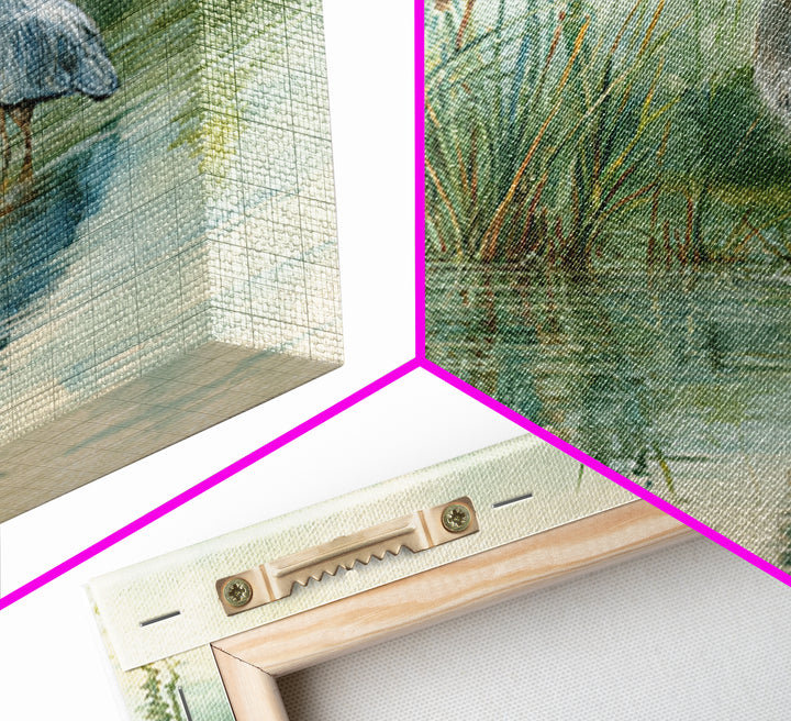 Heron Marsh Watercolor Wall Art, Nature Bird Canvas Print, Tranquil Coastal Landscape Art For Bathroom Or Living Room