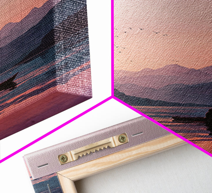 Serene Kayak At Pink Mountain Sunrise Landscape Wall Art, Calming Lake Painting, Nature Home Decor Canvas Print