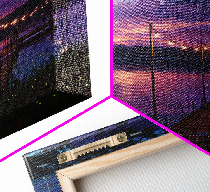 Magical Lakeside Dock At Twilight Wall Art, Firefly Lake Sunset Painting, Calming Landscape Canvas Print Home Decor