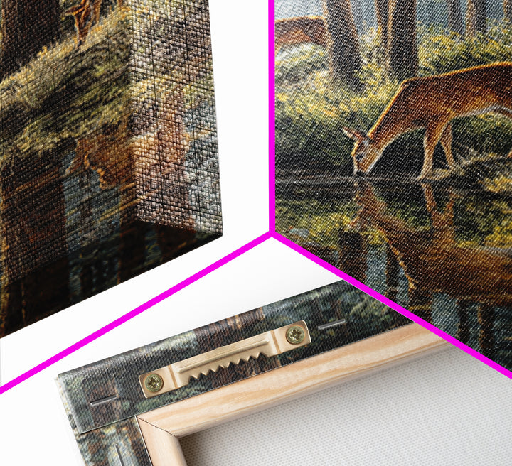 Deer Drinking At Forest Lake Wall Art, Peaceful Wildlife Landscape Canvas Print, Rustic Cabin Decor, Nature Inspired Living Room Art