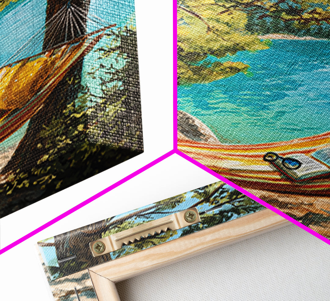 Hammock By Turquoise Lake Wall Art, Cozy Reading Nook In Pines Painting Print, Summer Cabin Home Decor Framed Canvas Print