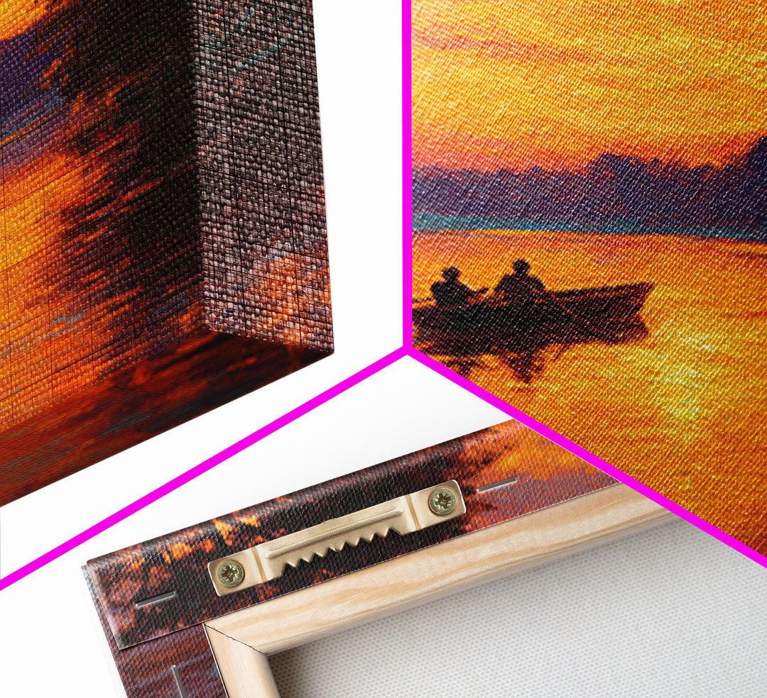 Couple Rowing Boat At Glowing Sunset Wall Art, Romantic Lake Landscape Canvas Print, Warm Living Room Home Decor