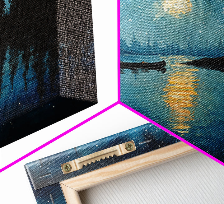 Moonlit Lake Canoe Night Landscape Wall Art, Starry Sky Reflection Print, Calming Nature Decor For Bedroom Wall Art