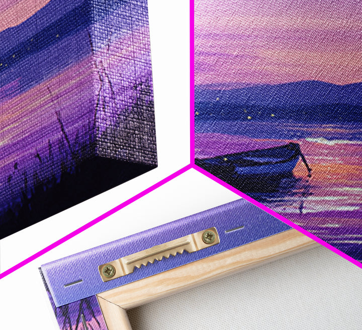 Purple Twilight Lake Boat Wall Art, Serene Sunset Landscape Canvas Print For Living Room Decor, Calming Modern Home Decor