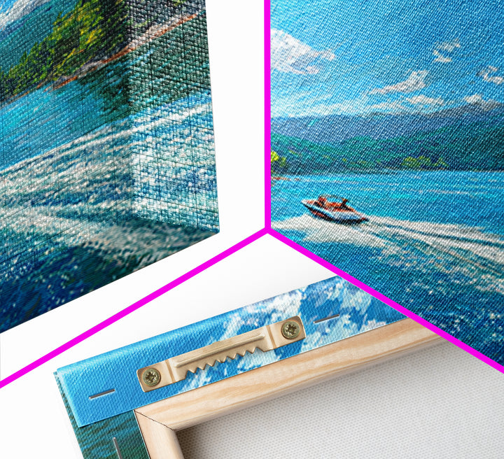 Boat On Mountain Lake Impressionist Landscape Wall Art, Turquoise Lake Painting Print, Nature Wall Art For Living Room Decor