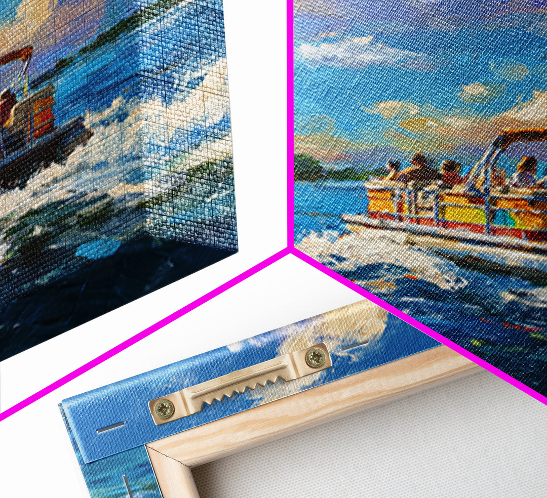 Sunny Boat Day Lake Oil Painting Wall Art, Colorful Coastal Art Print, Nautical Home Decor, Beach House Living Room Wall Art