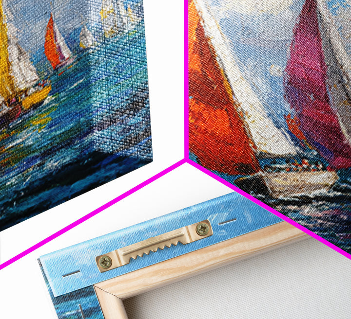 Colorful Sailboats Seascape Oil Painting Wall Art, Coastal Abstract Ocean Canvas Print, Beach House Decor Modern Nautical Art