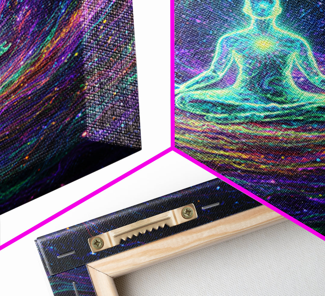 Glowing Figure Meditating In Cosmic Swirl Wall Art, Psychedelic Galaxy Canvas Print, Spiritual Mystical Home Decor