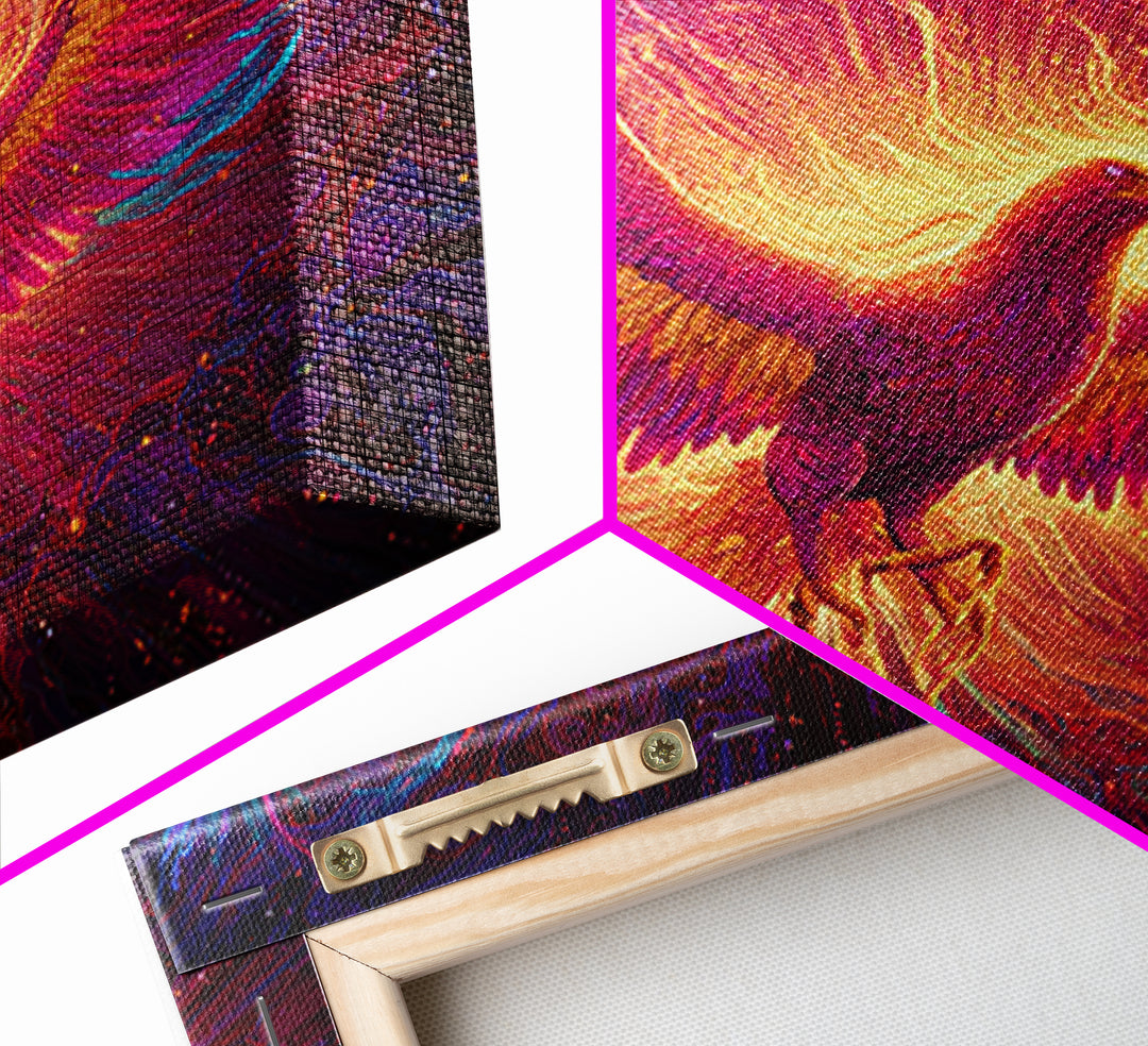 Radiant Phoenix With Fiery Wings Canvas Print, Mythical Bird Fantasy Wall Art, Vibrant Celestial Home Decor Gift For Living Room