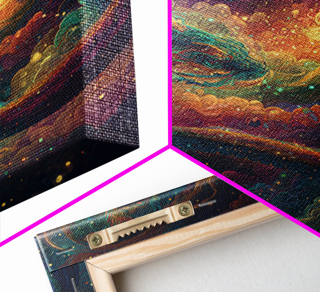 Cosmic Dragon And Phoenix Fantasy Wall Art, Colorful Celestial Galaxy Framed Canvas Print, Mystical Surreal Home Decor