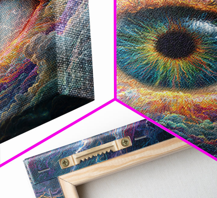 Cosmic Eye In Storm Clouds Framed Canvas Print, Surreal Celestial Wall Art, Psychedelic Visionary Decor For Office And Living Room