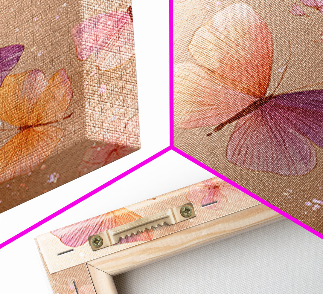 Pink Orange Butterfly Garden Wall Art, Whimsical Floral Canvas Print, Feminine Nursery Decor, Cute Girls Room Art, Gift For Her