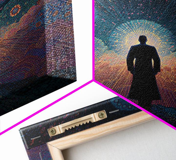 Mystical Figure Under Cosmic Sky Wall Art, Psychedelic Galaxy Path Print, Spiritual Visionary Surreal Art Canvas Print
