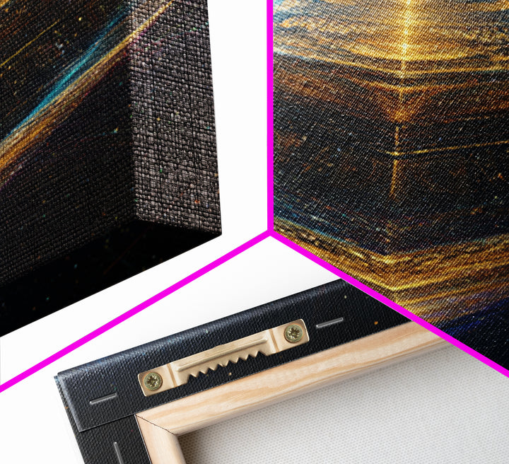 Golden Futuristic Pyramid In Galaxy Surreal Space Wall Art, Cosmic Sci Fi Home Decor, Modern Canvas Print