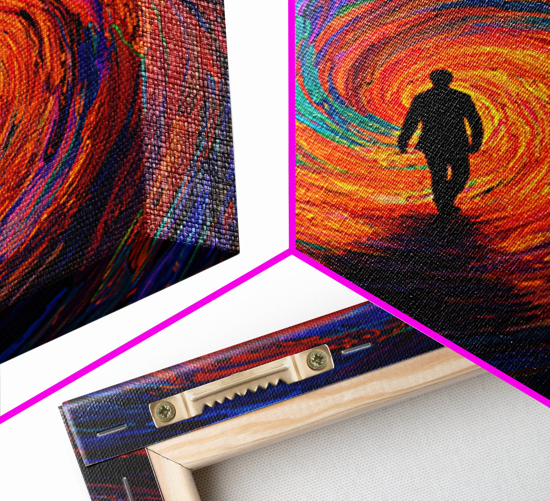 Man Walking Into Vortex Abstract Wall Art, Colorful Surreal Tunnel Painting, Modern Abstract Art Print, Statement Canvas Print