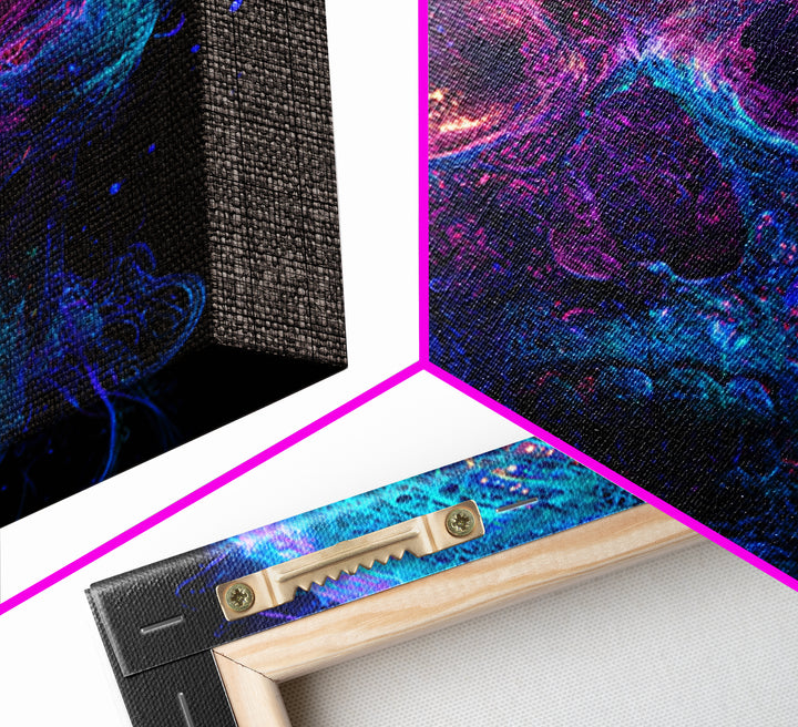 Neon Cosmic Skull Wall Art, Psychedelic Galaxy Bones Canvas Print, Dark Surreal Abstract Art For Gaming Room Or Modern Home Decor