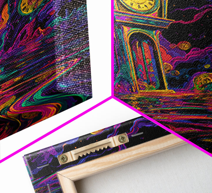 Surreal Neon Clock Dreamscape Wall Art, Psychedelic Abstract Landscape Canvas Print, Colorful Trippy Home Decor