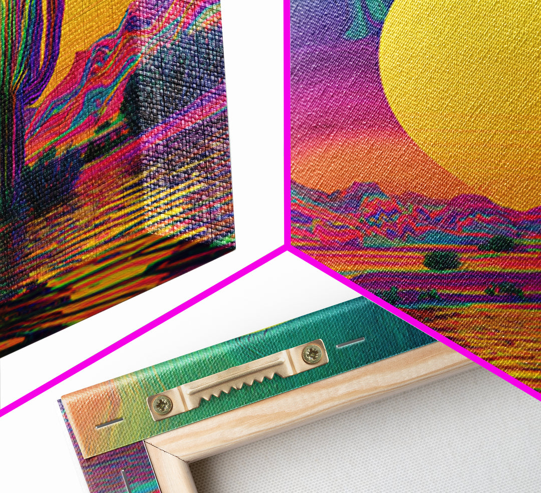 Psychedelic Desert Cactus Wall Art, Vibrant Sunset Landscape Canvas Print, Colorful Boho Western Home Decor