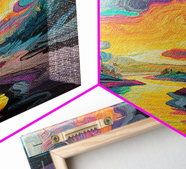 Psychedelic River Sunset Wall Art, Colorful Abstract Landscape Painting, Modern Boho Home Decor, Living Room Canvas Print