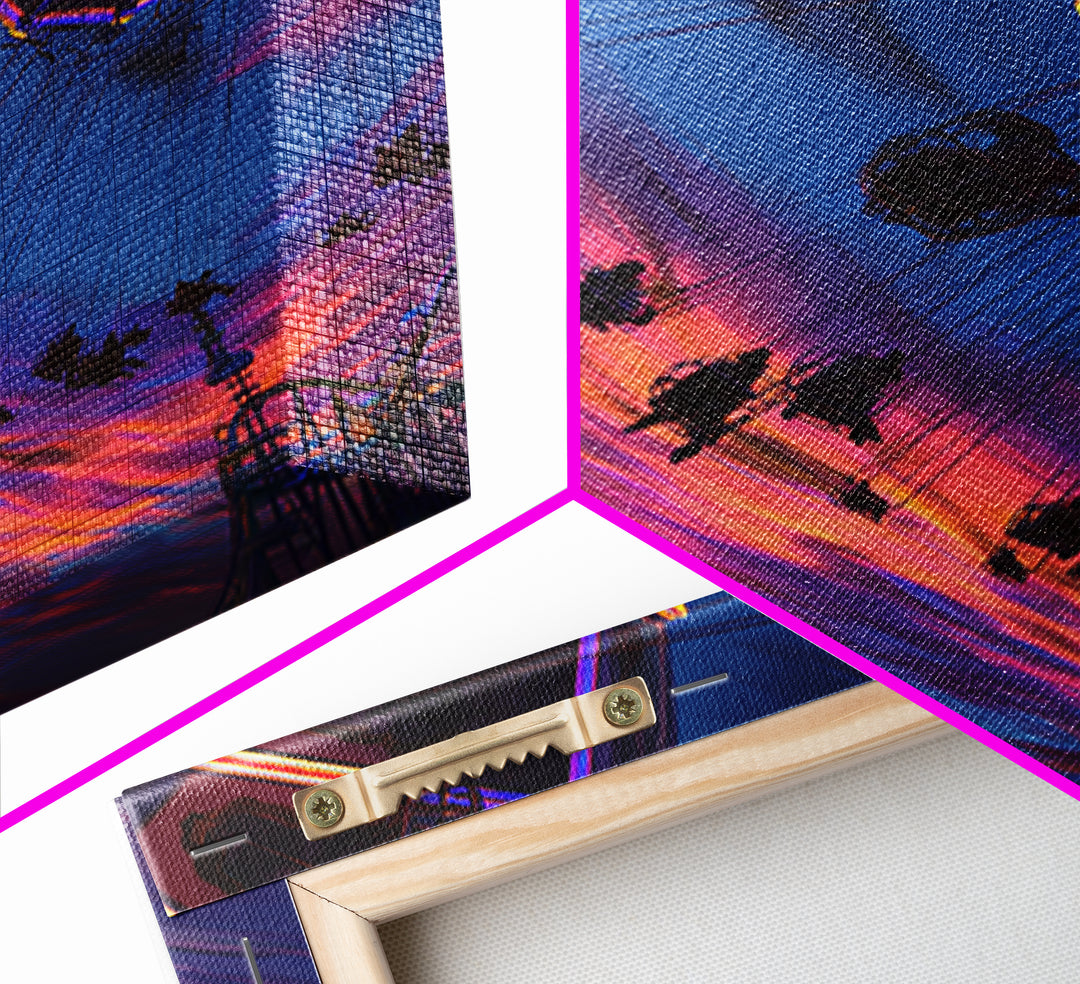 Dynamic Amusement Park Swing Ride Sunset Scene Vibrant Abstract Wall Art Framed Canvas Print For Living Room