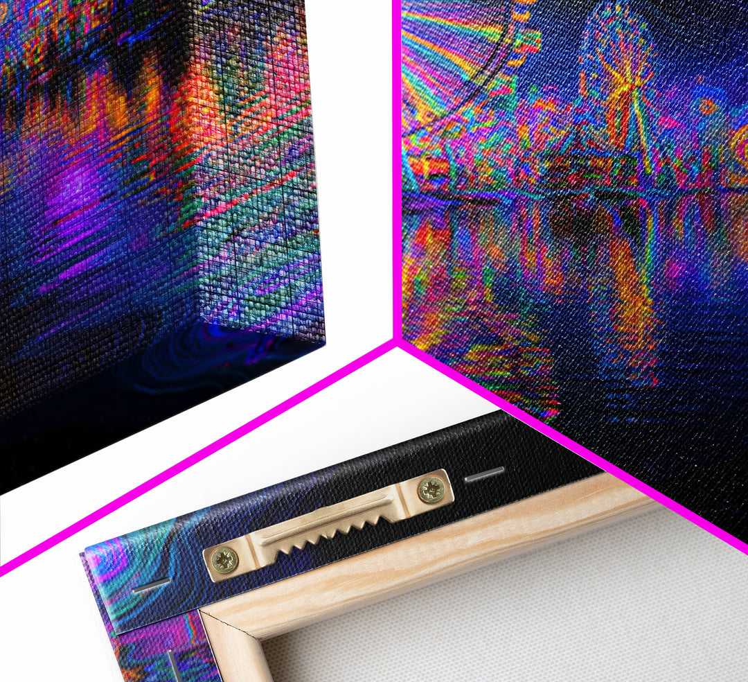 Neon Carnival At Night Abstract Wall Art, Psychedelic Ferris Wheel Canvas Print, Colorful Dopamine Decor Gaming Room Art