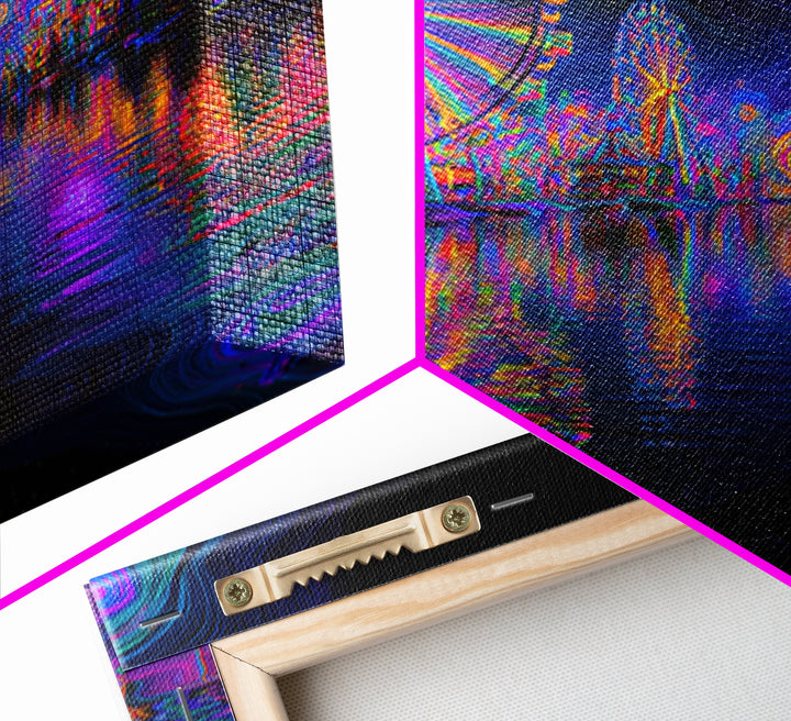Neon Carnival At Night Abstract Wall Art, Psychedelic Ferris Wheel Canvas Print, Colorful Dopamine Decor Gaming Room Art