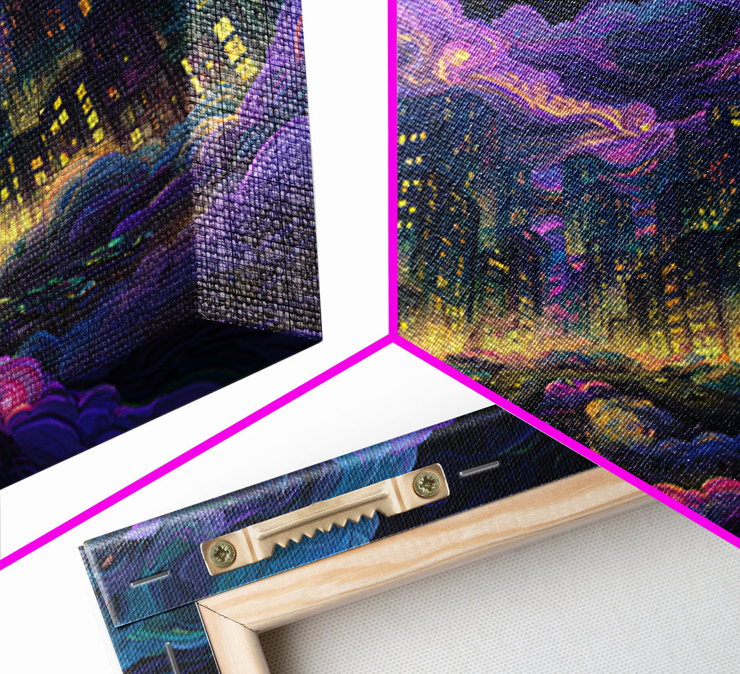 Neon Cityscape Night Sky Wall Art Colorful Futuristic Skyline Canvas Print Gaming Room Decor Sci Fi Wall Art
