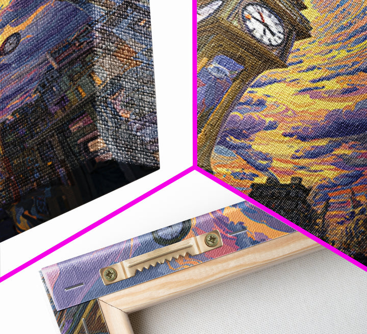 Surreal Cityscape With Clock Tower And Swirling Sky At Sunset Wall Art Framed Canvas Print For Home Decor
