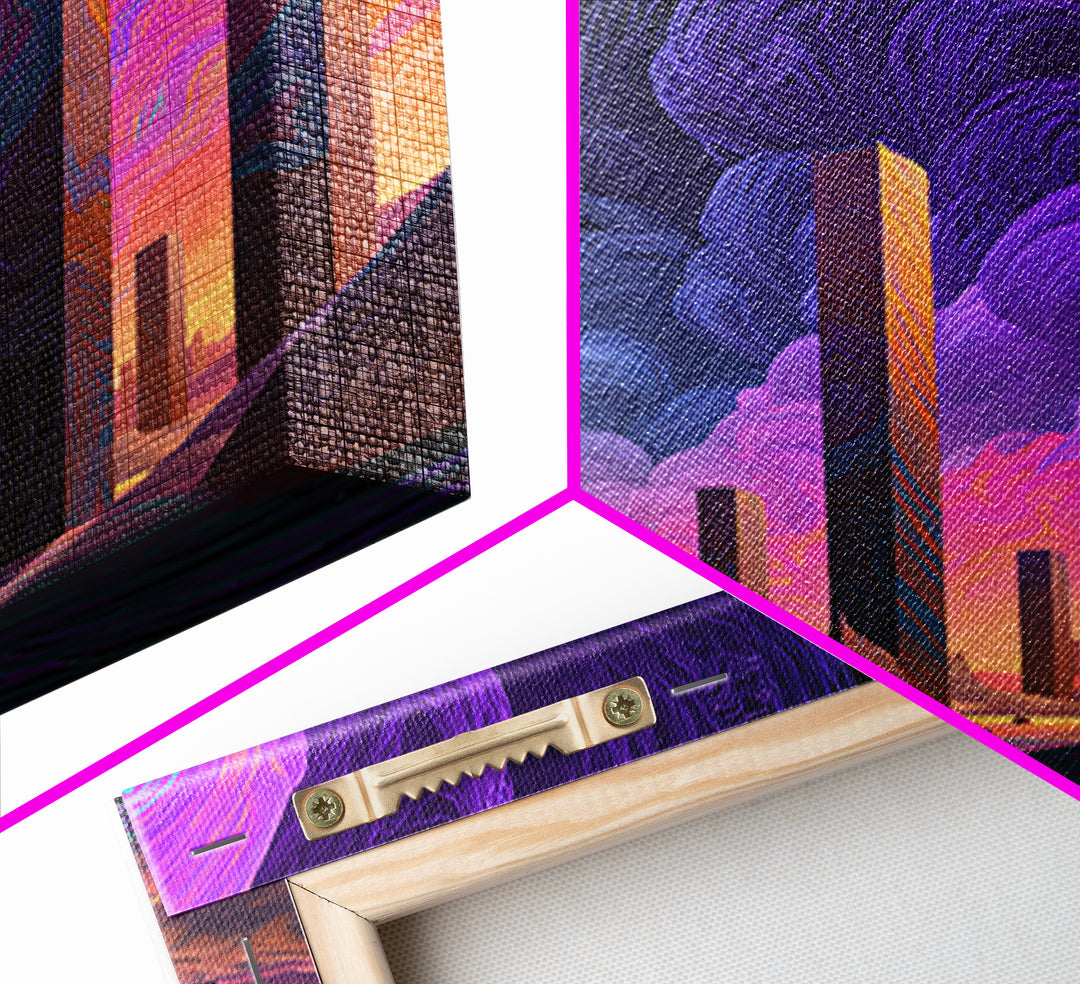Neon Desert Monoliths Under Purple Sky Canvas Print, Futuristic Landscape Wall Art, Sci Fi Abstract Decor For Modern Home