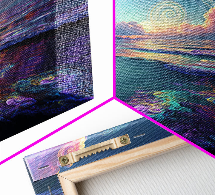 Surreal Neon Ocean Sunset Canvas Print, Retro Coastal Wall Art, Beach House Decor, Modern Seascape Wall Art For Living Room