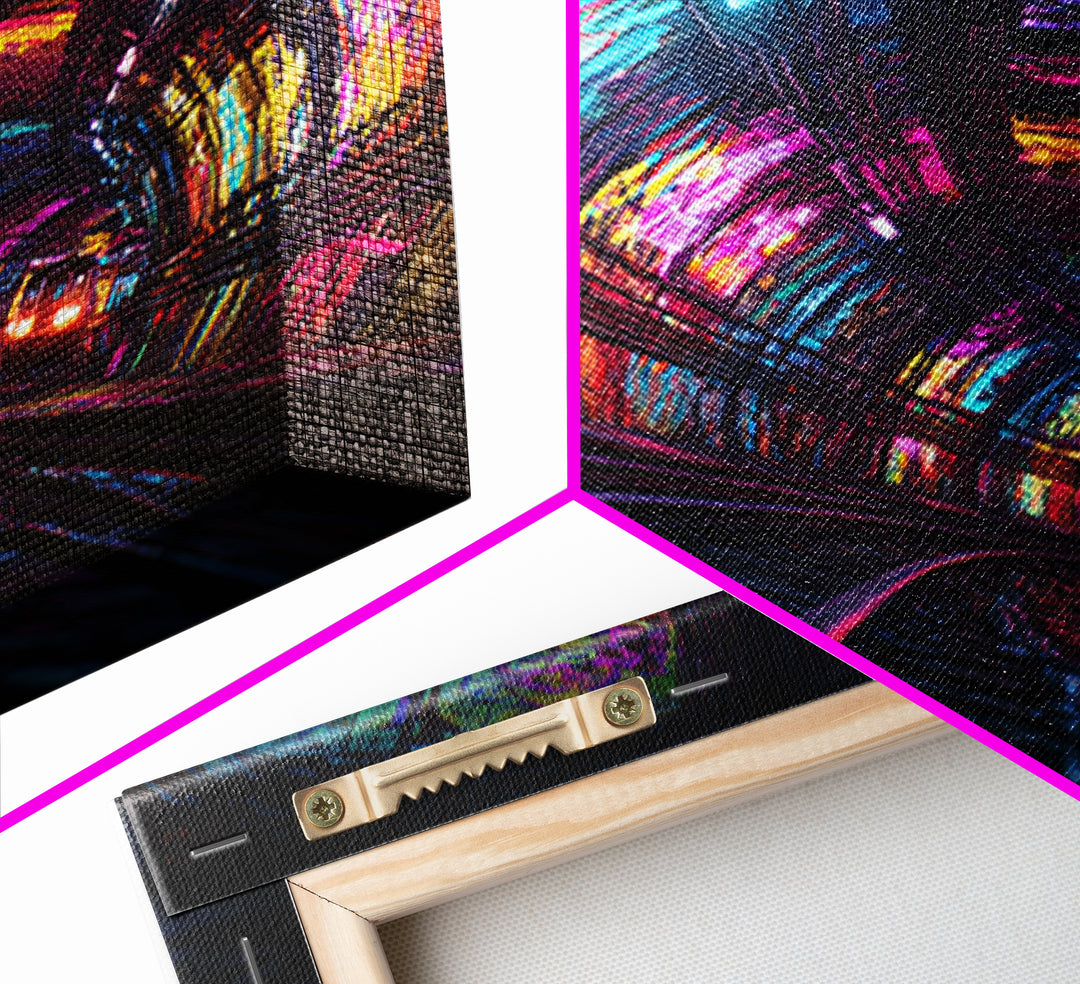 Neon Tunnel Cityscape Wall Art, Futuristic Subway Graffiti Canvas Print, Vibrant Urban Gaming Room Decor