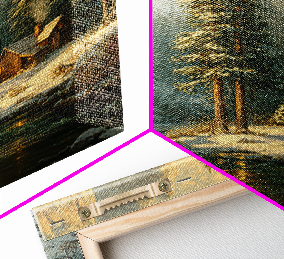 Cozy Winter Cabin By River Landscape Wall Art, Snowy Mountain Sunset Canvas Print, Rustic Farmhouse Decor Living Room Art