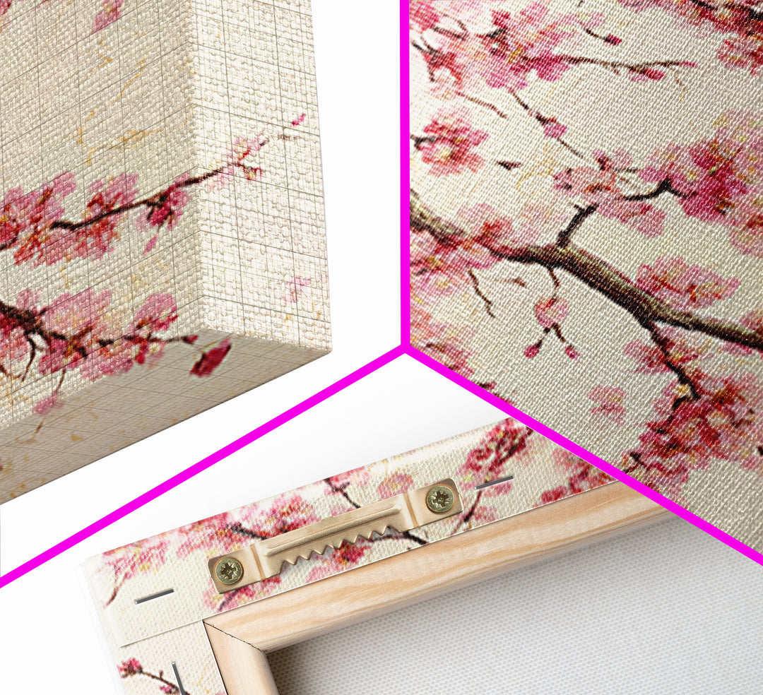 Pink Cherry Blossom Wall Art, Japanese Floral Branch Print, Botanical Spring Decor, Feminine Bedroom Canvas Gift For Her