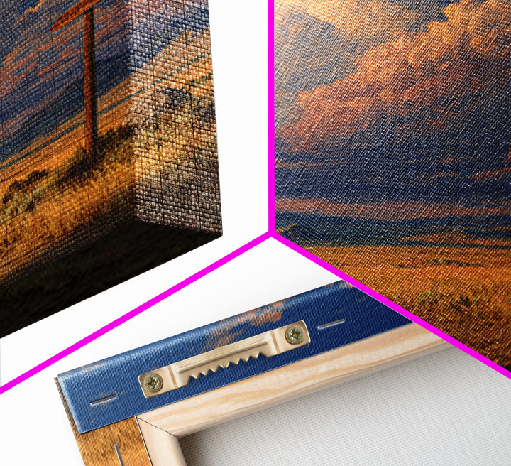 Golden Prairie Road At Crossroads Landscape Wall Art For Rustic Home Decor, Western Country Living Room Canvas Print