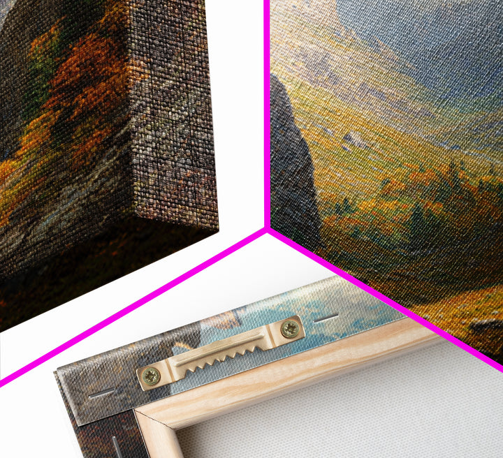 Golden Autumn Mountain Valley Path Landscape Wall Art, Cozy Fall Forest Canyon Living Room Canvas Print