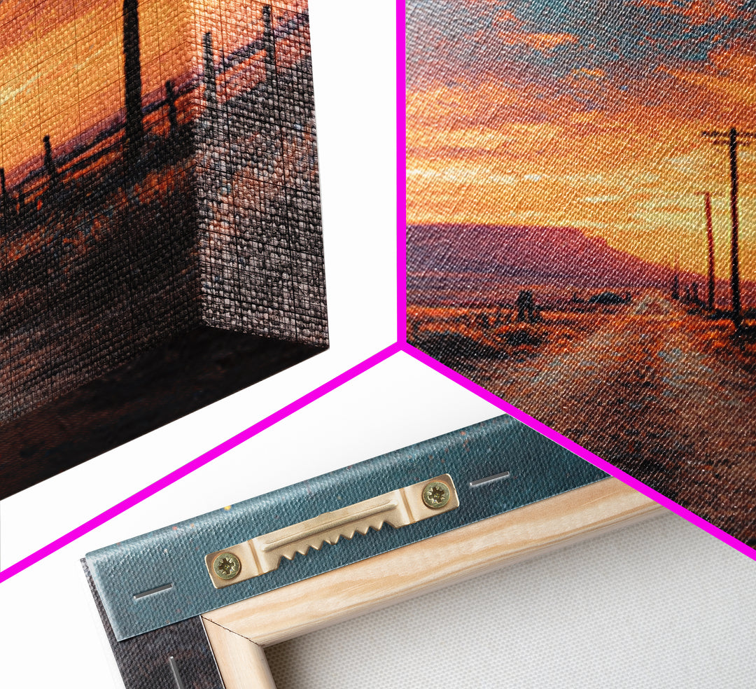 Country Dirt Road Sunset Landscape Wall Art, Warm Rustic Western Painting, Farmhouse Home Decor Large Framed Canvas Print