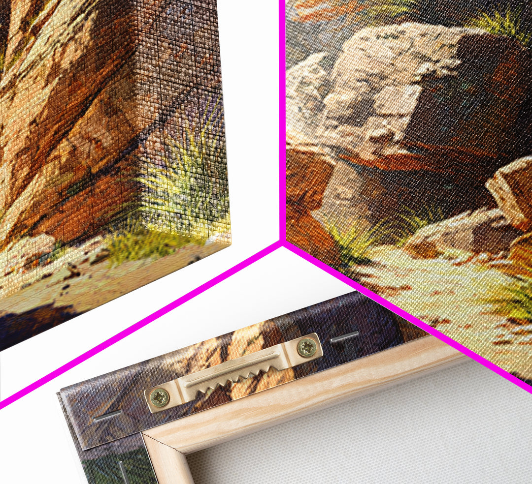 Sunlit Desert Canyon Trail Landscape Wall Art, Warm Southwest Rocks And Sage Green Nature Canvas Print
