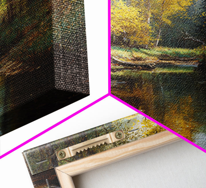 Golden Forest Creek Wall Art, Autumn Landscape Canvas Print, Rustic Nature Painting For Cozy Living Room Decor