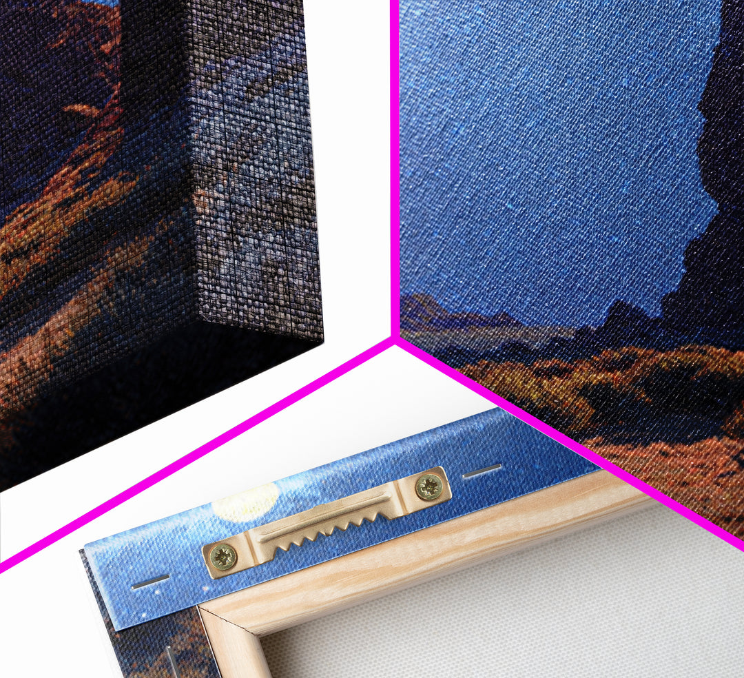 Moonlit Desert Rocks Wall Art, Night Sky Landscape Painting, Southwestern Stars Print, Calming Rustic Home Decor Canvas Print