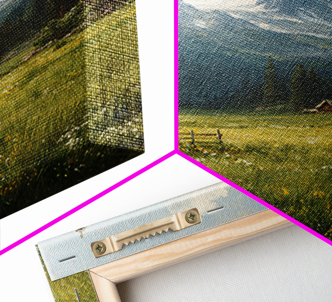 Alpine Meadow Cabin Landscape Wall Art, Mountain Valley Oil Painting Print, Rustic Country Home Decor Living Room Wall Art
