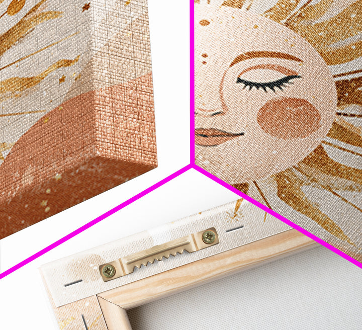 Boho Sun And Moon Wall Art, Celestial Gold Face Print, Whimsical Nursery Decor, Spiritual Bedroom Canvas Gift For Her Home Decor