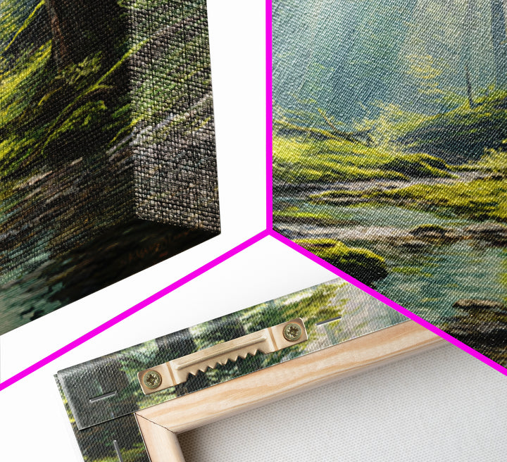Sunlit Forest Creek Landscape Wall Art Nature Painting Canvas Print Rustic Home Decor Cabin Living Room Wall Art