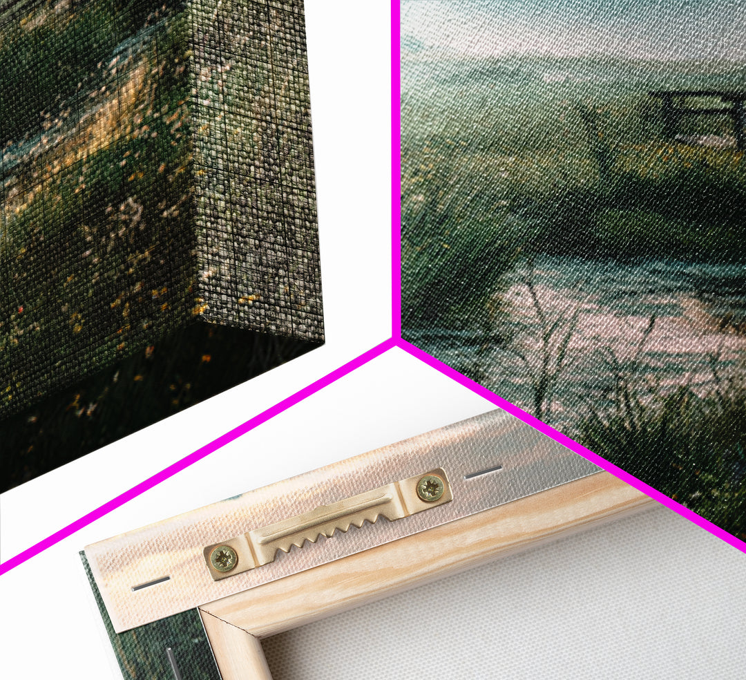 Tranquil Meadow Stream With Wooden Bridge And Mountains Landscape Wall Art Framed Canvas Print For Bedroom Decor