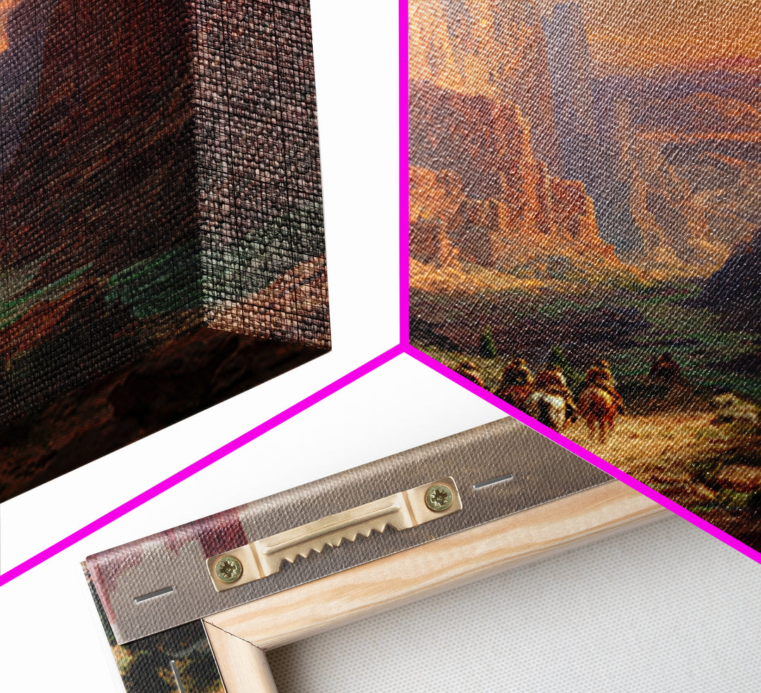 Cowboys Riding Through Canyon At Sunset Wall Art, Western Landscape Painting Print, Rustic Southwest Decor Living Room Art