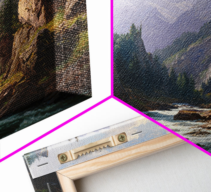 Majestic Mountain River Landscape Oil Painting Wall Art, Large Nature Canvas Print, Rustic Cabin And Living Room Decor